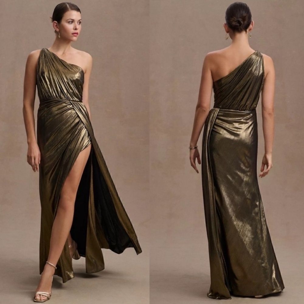 Mac Duggal 26537 Womens Draped One Shoulder Grecian Metallic Gown Dress